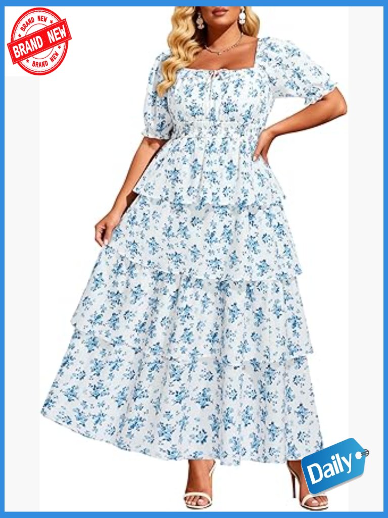 Floral Milkmaid Puff Sleeve Maxi Sundress - Plus Size Casual